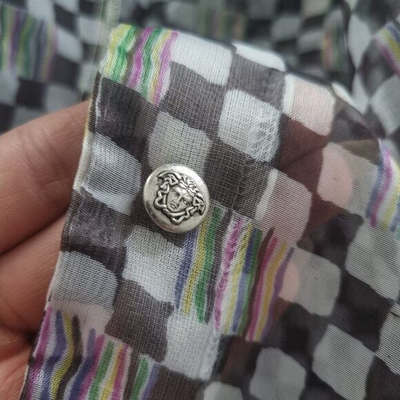 VERSACE Jeans Couture Sheer Checkered Print Blouse - Medusa Button - Size M - Picture 3 of 6